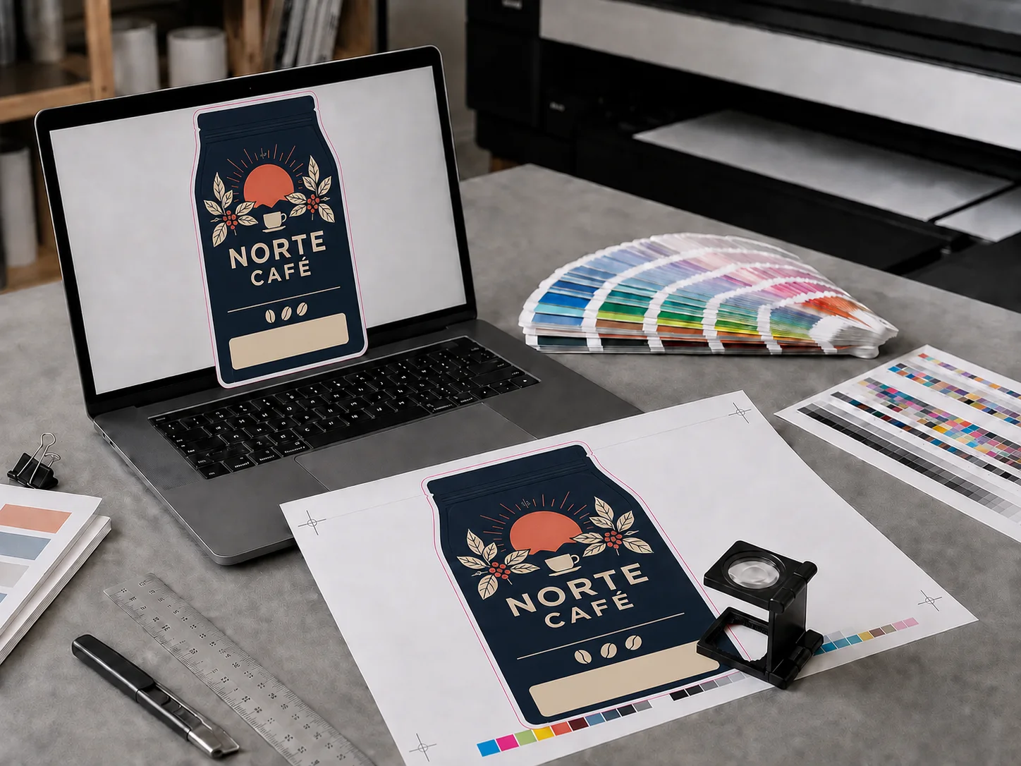 Mesa de preprensa con prueba impresa, muestrario de color, regla y diseño digital