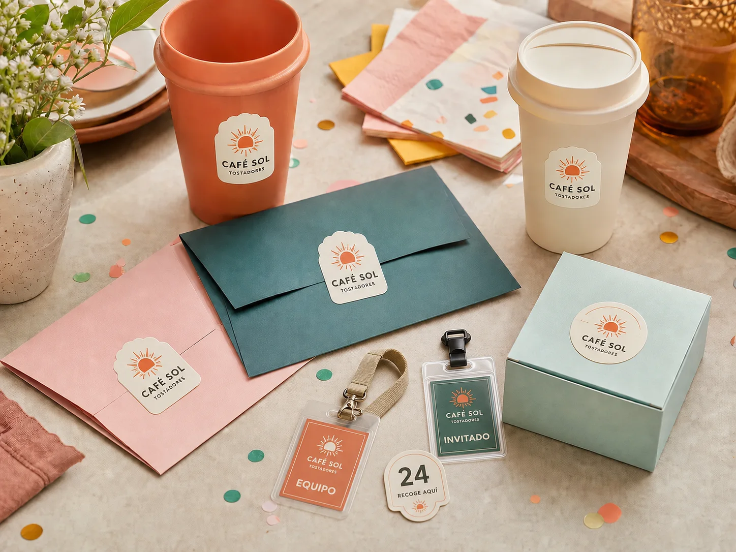 Kit de evento con sobres, vasos, cajas y tarjetas coordinados mediante stickers originales