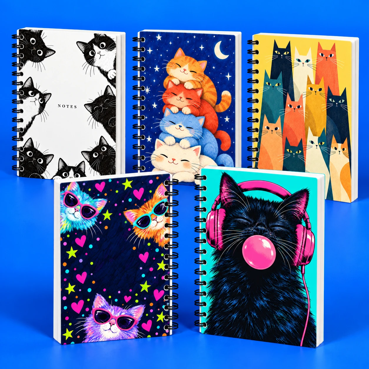 Cinco diseños de libretas Michi: Kraft Blanco, Noche, Geométricos, Pop y Neón